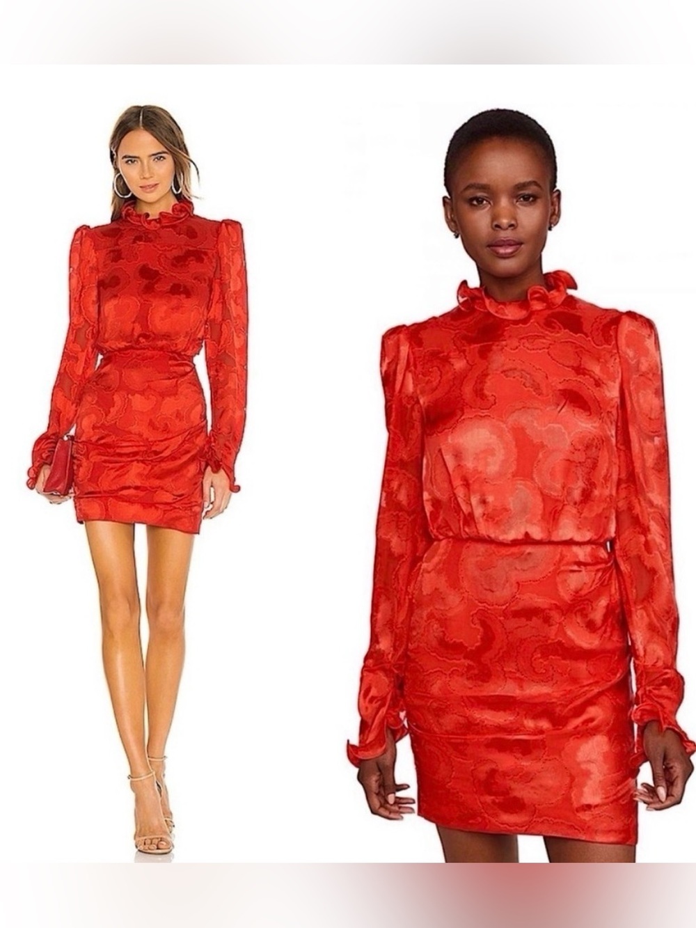 Saloni Rina B Mini Dress Women's Silk Jacquard Ruffle Puff Sleeve Poppy Red 4 - Picture 1 of 14